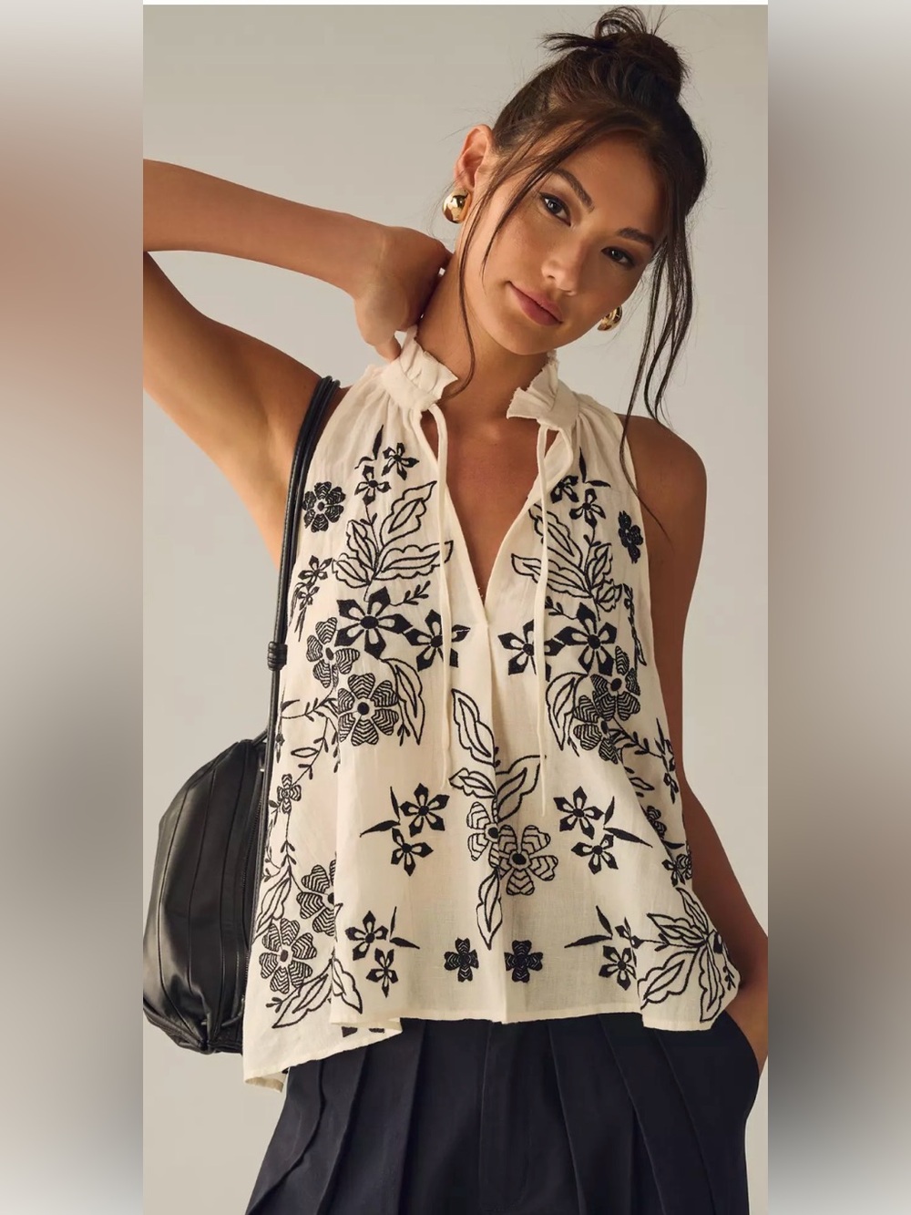 Anthropologie White Tavi Embroidered Tie Front Tank Top - Picture 10 of 11